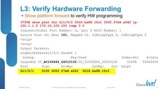 © 2013 Cisco and/or its affiliates. All rights reserved.
BRKRST-3068 Cisco Public
L3: Verify Hardware Forwarding
 Show platform forward to verify HW programming
3750# show plat for Gi1/0/2 0018.ba88.1fc1 000f.f7e8.e042 ip
100.1.1.2 172.16.100.100 icmp 0 0
Ingress:Global Port Number: 2, lpn: 2 ASIC Number: 1
Source Vlan Id: Real 101, Mapped 10. L2EncapType 0, L3EncapType 0
<snip>
<snip>
Output Packets:
GigabitEthernet1/0/1 Packet 1
Lookup Key-Used Index-Hit A-Data
OutptACL 50_AC106464_64010102-00_01000000_00000100 01FFE 03000000
Port Vlan SrcMac DstMac Cos Dscpv
Gi1/0/1 0100 000f.f7e8.e041 0018.ba88.1fc1
54
 