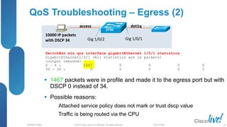 © 2013 Cisco and/or its affiliates. All rights reserved.
BRKRST-3068 Cisco Public
Switch#sh mls qos interface gigabitEthernet 1/0/1 statistics
GigabitEthernet1/0/1 (All statistics are in packets)
<output removed>
0 – 4 : 1467 0 0 0 0
30 - 34 : 0 0 0 0 0
QoS Troubleshooting – Egress (2)
 1467 packets were in profile and made it to the egress port but with
DSCP 0 instead of 34.
 Possible reasons:
Attached service policy does not mark or trust dscp value
Traffic is being routed via the CPU
10000 IP packets
with DSCP 34
access dot1q
3750
Gig 1/0/2 Gig 1/0/1
64
 