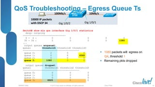 © 2013 Cisco and/or its affiliates. All rights reserved.
BRKRST-3068 Cisco Public
10000 IP packets
with DSCP 34
100Mb/s 10Mb/s
Gig 1/0/2 Gig 1/0/1
QoS Troubleshooting – Egress Queue Ts
 1080 packets will egress on
Q4, threshold 1
 Remaining pkts dropped
3750
Switch# show mls qos interface Gig 1/0/1 statistics
dscp: outgoing
-------------------------------
0 - 4 : 0 0 0 0 0
30 - 34 : 0 0 0 0 1080
...
output queues enqueued:
queue: threshold1 threshold2 threshold3
-----------------------------------------
queue 0: 2 0 0
queue 1: 0 6 4560
queue 2: 0 0 0
queue 3: 1080 0 0
output queues dropped:
queue: threshold1 threshold2 threshold3
-----------------------------------------
queue 0: 0 0 0
queue 1: 0 0 0
queue 2: 0 0 0
queue 3: 8920 0 0
66
 