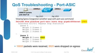 © 2013 Cisco and/or its affiliates. All rights reserved.
BRKRST-3068 Cisco Public
QoS Troubleshooting - Port-ASIC
 10000 packets were received, 8920 were dropped on egress
10000 IP packets
with DSCP 34
100Mb/s 10Mb/s
Viewing Egress Congestion (another way) with port-asic command
Gig 1/0/2 Gig 1/0/1
3750
Switch# show platform port-asic stats drop gigabitEthernet 1/0/1
Interface Gi1/0/1 TxQueue Drop Statistics
Queue 0
Weight 0 Frames 0
Weight 1 Frames 0
Weight 2 Frames 0
…
Queue 3
Weight 0 Frames 8920
Weight 1 Frames 0
Weight 2 Frames 0
67
 