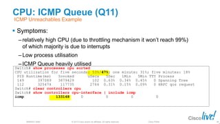 © 2013 Cisco and/or its affiliates. All rights reserved.
BRKRST-3068 Cisco Public
CPU: ICMP Queue (Q11)
 Symptoms:
‒ relatively high CPU (due to throttling mechanism it won’t reach 99%)
of which majority is due to interrupts
‒ Low process utilisation
‒ ICMP Queue heavily utilised
88
ICMP Unreachables Example
Switch# show processes cpu sorted
CPU utilization for five seconds: 53%/47%; one minute: 31%; five minutes: 18%
PID Runtime(ms) Invoked uSecs 5Sec 1Min 5Min TTY Process
149 397089 3879429 102 0.63% 0.34% 0.45% 0 Spanning Tree
112 325474 117735 2764 0.31% 0.15% 0.09% 0 HRPC qos request
Switch# clear controllers cpu
Switch# show controllers cpu-interface | include icmp
icmp 133148 0 0 0 0
 