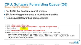 © 2013 Cisco and/or its affiliates. All rights reserved.
BRKRST-3068 Cisco Public
Switch# clear controllers cpu
Switch# show controllers cpu-interface | include sw forwarding
sw forwarding 71558 0 0 0 0
Switch# debug platform cpu-queues software-fwd-q
SW-FWD-Q:Consumed by SW-Bridging: Remote Port Blocked L3If:Vlan101
L2If:GigabitEthernet1/0/2 DI:0x2FD, LT:7, Vlan:101 SrcGPN:2, SrcGID:2,
ACLLogIdx:0x0, MacDA:000f.f7e8.e042, MacSA: 0000.00bb.87df IP_SA:10.101.1.100
IP_DA:10.99.1.100 IP_Proto:255
CPU: Software Forwarding Queue (Q6)
 For Traffic that hardware cannot process
 SW forwarding performance is much lower than HW
 Requires ASIC forwarding troubleshooting
90
Causing High CPU Utilisation
 