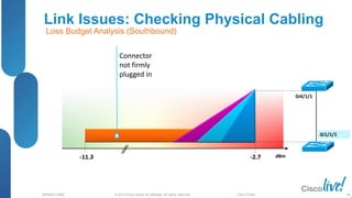 © 2013 Cisco and/or its affiliates. All rights reserved.
BRKRST-3068 Cisco Public
Link Issues: Checking Physical Cabling
98
Gi4/1/1
Gi1/1/1
dBm
-2.7
-11.3
Loss Budget Analysis (Southbound)
Connector
not firmly
plugged in
 