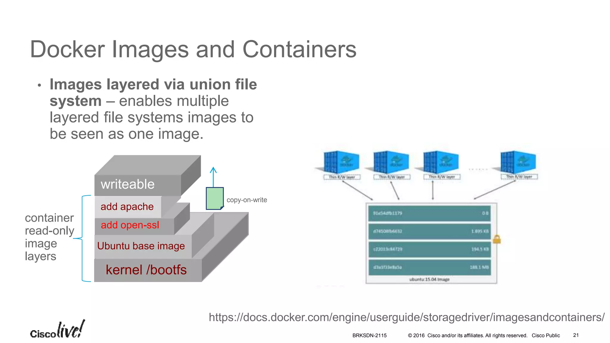 © 2016 Cisco and/or its affiliates. All rights reserved. Cisco Public
Docker Images and Containers
• Images layered via union file
system – enables multiple
layered file systems images to
be seen as one image.
kernel /bootfs
Ubuntu base image
add open-ssl
add apache
writeable
container
read-only
image
layers
copy-on-write
https://docs.docker.com/engine/userguide/storagedriver/imagesandcontainers/
BRKSDN-2115 21
 