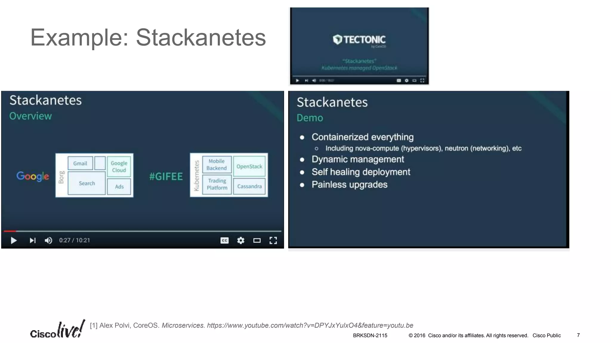 © 2016 Cisco and/or its affiliates. All rights reserved. Cisco Public
Example: Stackanetes
[1] Alex Polvi, CoreOS. Microservices. https://www.youtube.com/watch?v=DPYJxYulxO4&feature=youtu.be
BRKSDN-2115 7
 