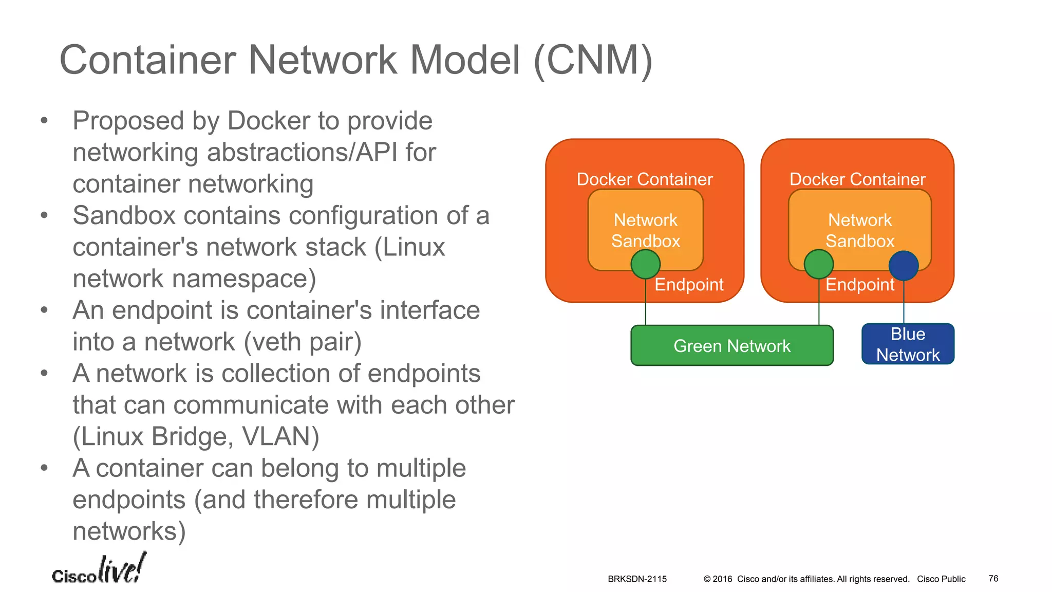 © 2016 Cisco and/or its affiliates. All rights reserved. Cisco Public
Container Network Model (CNM)
Docker Container
Endpoint
Network
Sandbox
Green Network
Docker Container
Endpoint
Network
Sandbox
Blue
Network
• Proposed by Docker to provide
networking abstractions/API for
container networking
• Sandbox contains configuration of a
container's network stack (Linux
network namespace)
• An endpoint is container's interface
into a network (veth pair)
• A network is collection of endpoints
that can communicate with each other
(Linux Bridge, VLAN)
• A container can belong to multiple
endpoints (and therefore multiple
networks)
BRKSDN-2115 76
 