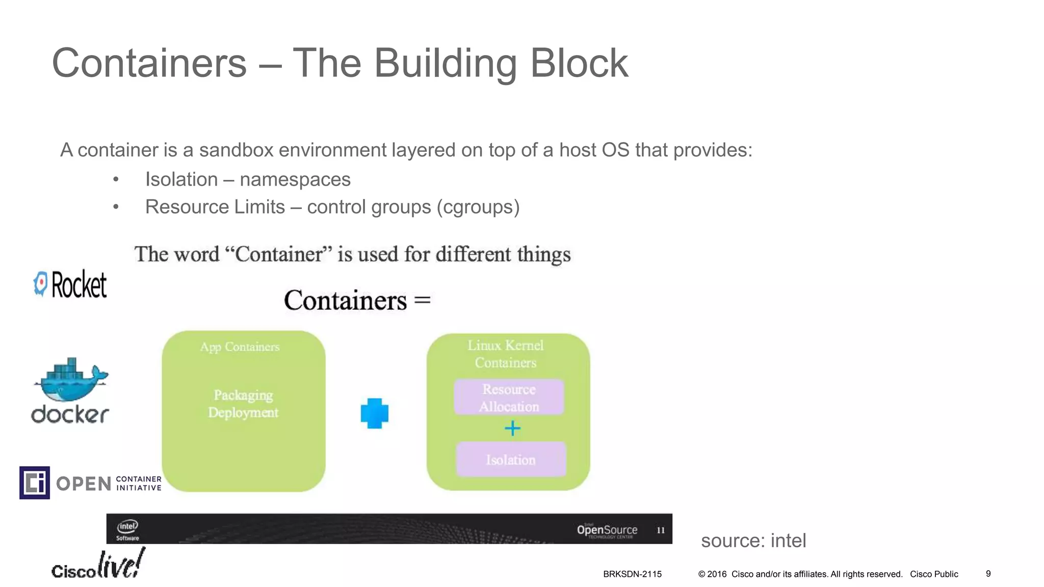 © 2016 Cisco and/or its affiliates. All rights reserved. Cisco Public
Containers – The Building Block
A container is a sandbox environment layered on top of a host OS that provides:
• Isolation – namespaces
• Resource Limits – control groups (cgroups)
[1] Intel Containers 101 (van de Ven)
source: intel
BRKSDN-2115 9
 