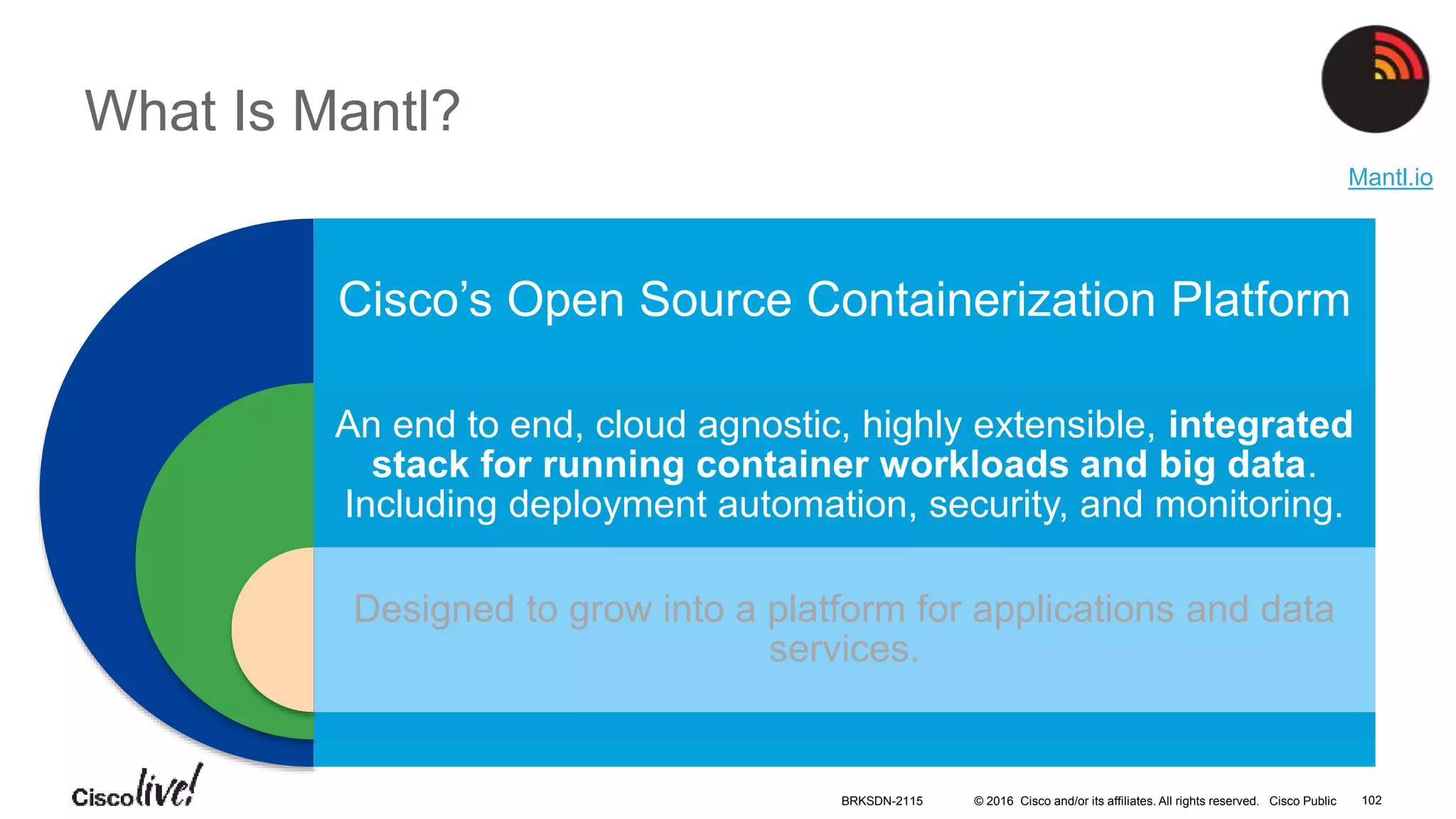 © 2016 Cisco and/or its affiliates. All rights reserved. Cisco Public
What Is Mantl?
Cisco’s Open Source Containerization Platform
An end to end, cloud agnostic, highly extensible, integrated
stack for running container workloads and big data.
Including deployment automation, security, and monitoring.
Designed to grow into a platform for applications and data
services.
Mantl.io
BRKSDN-2115 102
 