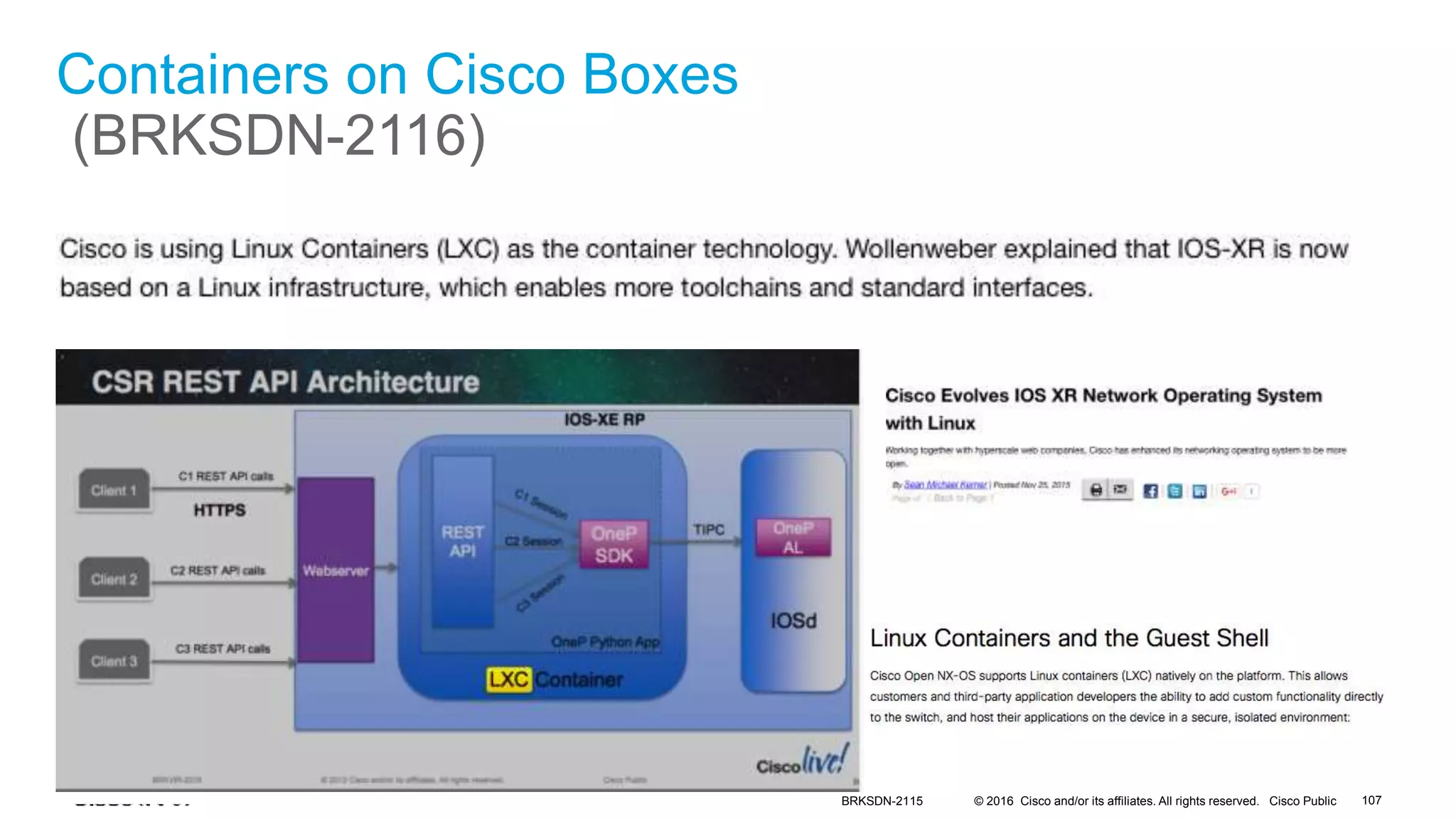 © 2016 Cisco and/or its affiliates. All rights reserved. Cisco Public
Containers on Cisco Boxes
(BRKSDN-2116)
BRKSDN-2115 107
 