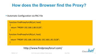 © 2013 Cisco and/or its affiliates. All rights reserved.BRKSEC-2101 Cisco Public
How does the Browser find the Proxy?
 Automatic Configuration via PAC File
function FindProxyForURL(url, host)
{
return "PROXY 192.168.1.80:3128; 192.168.1.81:3128";
}
function FindProxyForURL(url, host)
{
return "PROXY 192.168.1.80:3128";
}
http://www.findproxyforurl.com/
23
 
