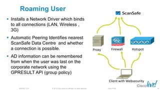 © 2013 Cisco and/or its affiliates. All rights reserved.BRKSEC-2101 Cisco Public
Roaming User
 Installs a Network Driver which binds
to all connections (LAN, Wireless ,
3G)
 Automatic Peering Identifies nearest
ScanSafe Data Centre and whether
a connection is possible.
 AD information can be remembered
from when the user was last on the
corporate network using the
GPRESULT API (group policy)
Proxy Firewall Hotspot
Client with Websecurity
86
 