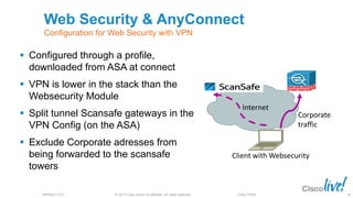 © 2013 Cisco and/or its affiliates. All rights reserved.BRKSEC-2101 Cisco Public
Web Security & AnyConnect
Configuration for Web Security with VPN
 Configured through a profile,
downloaded from ASA at connect
 VPN is lower in the stack than the
Websecurity Module
 Split tunnel Scansafe gateways in the
VPN Config (on the ASA)
 Exclude Corporate adresses from
being forwarded to the scansafe
towers
Client with Websecurity
Corporate
traffic
Internet
90
 