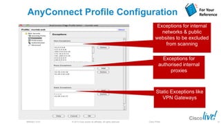 © 2013 Cisco and/or its affiliates. All rights reserved.BRKSEC-2101 Cisco Public
Exceptions for
authorised internal
proxies
Static Exceptions like
VPN Gateways
Exceptions for internal
networks & public
websites to be excluded
from scanning
For Your
ReferenceAnyConnect Profile Configuration
93
 
