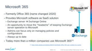 © 2024 Cisco and/or its affiliates. All rights reserved. Cisco Public
Microsoft 365
• Formerly Office 365 (name changed 2020)
• Provides Microsoft software as SaaS solution
• Exchange server → Exchange Online
• An opportunity to move the “headache” of keeping Exchange
server operation to Microsoft
• Admins can focus only on managing policies and
configurations
• Always up to date
• Today more than a million companies use Microsoft 365(1)
BRKSEC-2913
(1) https://www.statista.com/statistics/983321/worldwide-office-365-user-numbers-by-country
11
 
