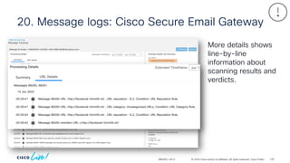 © 2024 Cisco and/or its affiliates. All rights reserved. Cisco Public
20. Message logs: Cisco Secure Email Gateway
BRKSEC-2913
More details shows
line-by-line
information about
scanning results and
verdicts.
129
 