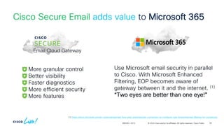 © 2024 Cisco and/or its affiliates. All rights reserved. Cisco Public
BRKSEC-2913
Cisco Secure Email adds value to Microsoft 365
Use Microsoft email security in parallel
to Cisco. With Microsoft Enhanced
Filtering, EOP becomes aware of
gateway between it and the internet. (1)
“Two eyes are better than one eye!”
More granular control
Better visibility
Faster diagnostics
More efficient security
More features
(1) https://docs.microsoft.com/en-us/exchange/mail-flow-best-practices/use-connectors-to-configure-mail-flow/enhanced-filtering-for-connectors
Email Cloud Gateway
58
 