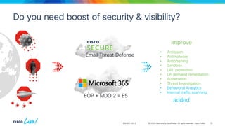 © 2024 Cisco and/or its affiliates. All rights reserved. Cisco Public
BRKSEC-2913
• Antispam
• Antimalware
• Antiphishing
• Sandbox
• URL protection
• On demand remediation
• Automation
• Threat Investigation
• Behavioral Analytics
• Internal traffic scanning
added
improve
Do you need boost of security & visibility?
EOP + MDO 2 = E5
Email Threat Defense
63
 
