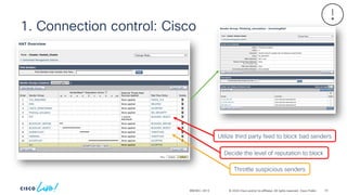 © 2024 Cisco and/or its affiliates. All rights reserved. Cisco Public
1. Connection control: Cisco
BRKSEC-2913
Decide the level of reputation to block
Throttle suspicious senders
Utilize third party feed to block bad senders
74
 