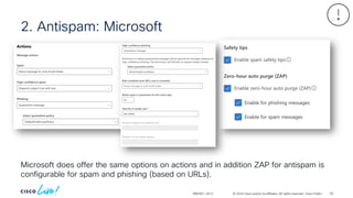 © 2024 Cisco and/or its affiliates. All rights reserved. Cisco Public
2. Antispam: Microsoft
BRKSEC-2913
Microsoft does offer the same options on actions and in addition ZAP for antispam is
configurable for spam and phishing (based on URLs).
82
 