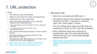 © 2024 Cisco and/or its affiliates. All rights reserved. Cisco Public
7. URL protection
BRKSEC-2913
• Cisco
• URL filtering is part of Essentials
• Ability to scan URLs from body and attachments
• Expanding short URLs supported
• Uses Talos Web Reputation score to identify
malicious and suspicious links
• Also, web category can be identified (+80 web categories
available)
• If a malicious link is found the email can be
dropped/quarantined
• URL rewrite will provide protection on the moment
of click
• URLs that appear in outbreak emails can be
detonated in sandbox
• Retrospective URL filtering will act on email on the
moment of new threat intelligence
• https://docs.ces.cisco.com/docs/url-defense
• https://docs.ces.cisco.com/docs/url-retro
• Microsoft 365
• Safe link is included with MDO plan 1.
• will protect inbound and internal messages, by
rewriting the URLs, if website is malicious
upon click, block page is shown.
• Can be configured to detonate URLs that are
suspicious or point to a file. (will cause delays)
• Many websites show easy methods to
bypass/hack safe-link scanning therefore
leaving the end-user unprotected (google
bypass safe link)
• https://learn.microsoft.com/en-us/microsoft-
365/security/office-365-security/safe-links-
about
93
 