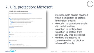 © 2024 Cisco and/or its affiliates. All rights reserved. Cisco Public
7. URL protection: Microsoft
BRKSEC-2913
• Internal emails can be scanned
which is important to protect
from insider threats.
• No option to quarantine emails
with malicious links
• No option to replace links
• No option to protect from
specific URL web categories
• No threshold options to
customize when to block or
behave differently
95
 