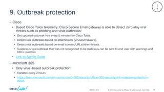 © 2024 Cisco and/or its affiliates. All rights reserved. Cisco Public
9. Outbreak protection
BRKSEC-2913
• Cisco
• Based Cisco Talos telemetry, Cisco Secure Email gateway is able to detect zero-day viral
threats such as phishing and virus outbreaks:
• Get updated outbreak info every 5 minutes for Cisco Talos.
• Detect viral outbreaks based on attachments (viruses/malware).
• Detect viral outbreaks based on email content/URLs/other threats.
• Suspicious viral outbreak that was not recognized to be malicious can be sent to end user with warnings and
URLs rewritten.
• Link to Admin Guide
• Microsoft 365
• Only virus-based outbreak protection:
• Updates every 2 hours
• https://learn.microsoft.com/en-us/microsoft-365/security/office-365-security/anti-malware-protection-
about
99
 