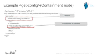 Example <get-config>(Containment node)
<?xml version="1.0" encoding="UTF-8" ?>
<rpc message-id="106" xmlns="urn:ietf:params:netconf:capability:candidate:1.0">
<get-config>
<source><running/></source>
<filter>
<Configuration>
<InterfaceConfigurationTable/>
</Configuration>
</filter>
</get-config>
</rpc>
Containment: all interfaces
Datastore
For Your
Reference
 