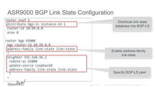 router ospf 1
distribute bgp-ls instance-id 1
router-id 10.99.8.8
area 0
router bgp 65000
bgp router-id 10.99.8.8
address-family link-state link-state
!
neighbor 192.168.96.2
remote-as 65000
update-source Loopback0
address-family link-state link-state
!
!
ASR9000 BGP Link State Configuration
Distribute link state
database into BGP-LS
Specify BGP-LS peer
Enable address-family
link-state
 