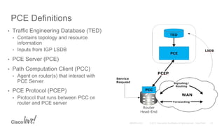 PCE Definitions
• Traffic Engineering Database (TED)
• Contains topology and resource
information
• Inputs from IGP LSDB
• PCE Server (PCE)
• Path Computation Client (PCC)
• Agent on router(s) that interact with
PCE Server
• PCE Protocol (PCEP)
• Protocol that runs between PCC on
router and PCE server
 