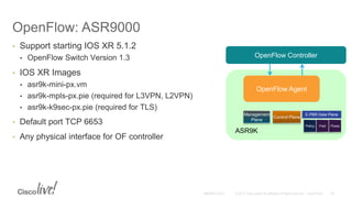 OpenFlow: ASR9000
• Support starting IOS XR 5.1.2
• OpenFlow Switch Version 1.3
• IOS XR Images
• asr9k-mini-px.vm
• asr9k-mpls-px.pie (required for L3VPN, L2VPN)
• asr9k-k9sec-px.pie (required for TLS)
• Default port TCP 6653
• Any physical interface for OF controller
OpenFlow Agent
OpenFlow Controller
Control Plane
Management
Plane
E-PBR Data Plane
Policy Fwd Flows
ASR9K
 