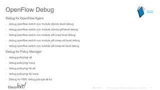 OpenFlow Debug
Debug for OpenFlow Agent:
• debug openflow switch ovs module ofproto level debug
• debug openflow switch ovs module ofproto-plif level debug
• debug openflow switch ovs module plif-onep level debug
• debug openflow switch ovs module plif-onep-util level debug
• debug openflow switch ovs module plif-onep-wt level debug
Debug for Policy Manager
• debug policymgr all
• debug policymgr trace
• debug policymgr lib all
• debug policymgr lib trace
• Debug for PBR: debug pbr-pal all loc
For Your
Reference
 