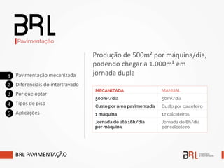 Produção de 500m² por máquina/dia,
podendo chegar a 1.000m² em
jornada dupla
BRL PAVIMENTAÇÃO
Pavimentação mecanizada
Diferenciais do intertravado
Por que optar
Tipos de piso
Aplicações
 