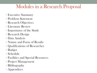 Modules in a Research Proposal
• Executive Summary
• Problem Statement
• Research Objectives
• Literature Review
• Importance of the Study
• Research Design
• Data Analysis
• Nature and Form of Results
• Qualifications of Researcher
• Budget
• Schedule
• Facilities and Special Resources
• Project Management
• Bibliography
• Appendices
 