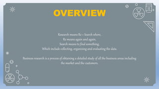OVERVIEW
Research means Re + Search where,
Re means again and again,
Search means to find something,
Which include collecting, organizing and evaluating the data.
Business research is a process of obtaining a detailed study of all the business areas including
the market and the customers.
 