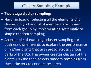 • Two-stage cluster sampling:
• Here, instead of selecting all the elements of a
cluster, only a handful of members are chosen
from each group by implementing systematic or
simple random sampling.
• An example of two-stage cluster sampling – A
business owner wants to explore the performance
of his/her plants that are spread across various
parts of the U.S. The owner creates clusters of the
plants. He/she then selects random samples from
these clusters to conduct research.
Cluster Sampling Example
 