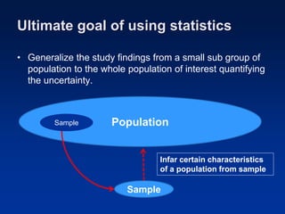Ultimate goal of using statistics
• Generalize the study findings from a small sub group of
population to the whole population of interest quantifying
the uncertainty.
Population
Sample
Infar certain characteristics
of a population from sample
Sample
 