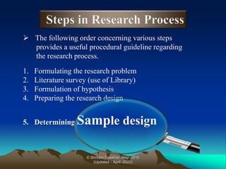 ➢ The following order concerning various steps
provides a useful procedural guideline regarding
the research process.
1. Formulating the research problem
2. Literature survey (use of Library)
3. Formulation of hypothesis
4. Preparing the research design
5. Determining Sample design
© Shriram Dawkhar, May- 2010
(Updated – April -2020)
 