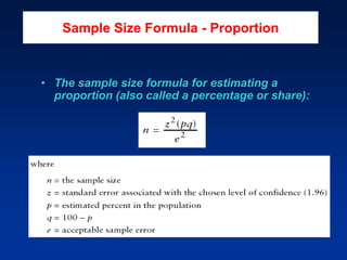 Sample Size Formula - Proportion
• The sample size formula for estimating a
proportion (also called a percentage or share):
 