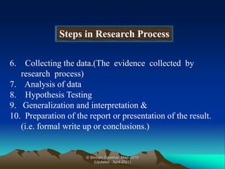 6. Collecting the data.(The evidence collected by
research process)
7. Analysis of data
8. Hypothesis Testing
9. Generalization and interpretation &
10. Preparation of the report or presentation of the result.
(i.e. formal write up or conclusions.)
© Shriram Dawkhar, May- 2010
(Updated - April-2021)
 