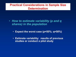 Practical Considerations in Sample Size
Determination
• How to estimate variability (p and q
shares) in the population
• Expect the worst case (p=50%; q=50%)
• Estimate variability: results of previous
studies or conduct a pilot study
 