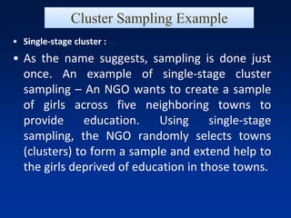 • Single-stage cluster : ling:
• As the name suggests, sampling is done just
once. An example of single-stage cluster
sampling – An NGO wants to create a sample
of girls across five neighboring towns to
provide education. Using single-stage
sampling, the NGO randomly selects towns
(clusters) to form a sample and extend help to
the girls deprived of education in those towns.
Cluster Sampling Example
 