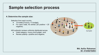 Sample selection process
4. Determine the sample size:
Selection from each country
● 10 hotels (5 luxury + 5 budget).
● Fo...