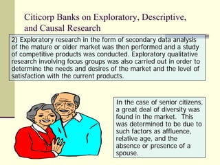 Citicorp Banks on Exploratory, Descriptive,
    and Causal Research
2) Exploratory research in the form of secondary data analysis
of the mature or older market was then performed and a study
of competitive products was conducted. Exploratory qualitative
research involving focus groups was also carried out in order to
determine the needs and desires of the market and the level of
satisfaction with the current products.


                                   In the case of senior citizens,
                                   a great deal of diversity was
                                   found in the market. This
                                   was determined to be due to
                                   such factors as affluence,
                                   relative age, and the
                                   absence or presence of a
                                   spouse.
 