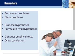 3-6
Researchers
 Encounter problems
 State problems
 Propose hypotheses
 Formulate rival hypotheses
 Conduct empirical tests
 Draw conclusions
 