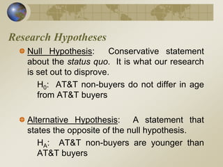 Research Hypotheses
Null Hypothesis: Conservative statement
about the status quo. It is what our research
is set out to disprove.
H0: AT&T non-buyers do not differ in age
from AT&T buyers
Alternative Hypothesis: A statement that
states the opposite of the null hypothesis.
HA: AT&T non-buyers are younger than
AT&T buyers
 