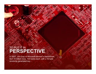 TO PUT IT IN
PERSPECTIVE
In 2007, Jim Gray of Microsoft devised a benchmark.
Sort 10 billion rows, 100 bytes each, with a 10 byte
randomly generated key…
 