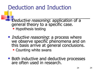 Deduction and Induction Deductive reasoning :   application of a general theory to a specific case.  Hypothesis testing   Inductive reasoning : a process where we observe specific phenomena and on this basis arrive at general conclusions.   Counting white swans Both inductive and deductive processes are often used in research.  
