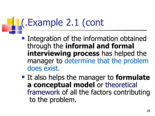 Example 2.1 (cont.) Integration of the information obtained through the  informal and formal interviewing process  has helped the manager to  determine that the problem does exist. It also helps the manager to  formulate a conceptual model  or  theoretical framework  of all the factors contributing  to the problem. 