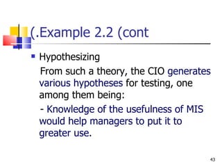 Example 2.2 (cont.) Hypothesizing  From such a theory, the CIO  generates various hypotheses  for testing, one among them being: -  Knowledge of the usefulness of MIS would help managers to put it to greater use. 
