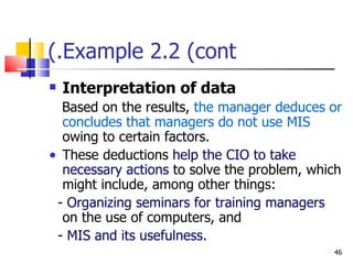 Example 2.2 (cont.) Interpretation of data Based on the results,  the manager deduces or concludes that managers do not use MIS  owing to certain factors. These deductions  help the CIO to take necessary actions  to solve the problem, which might include, among other things: -  Organizing seminars for training managers  on the use of computers, and -  MIS and its usefulness. 